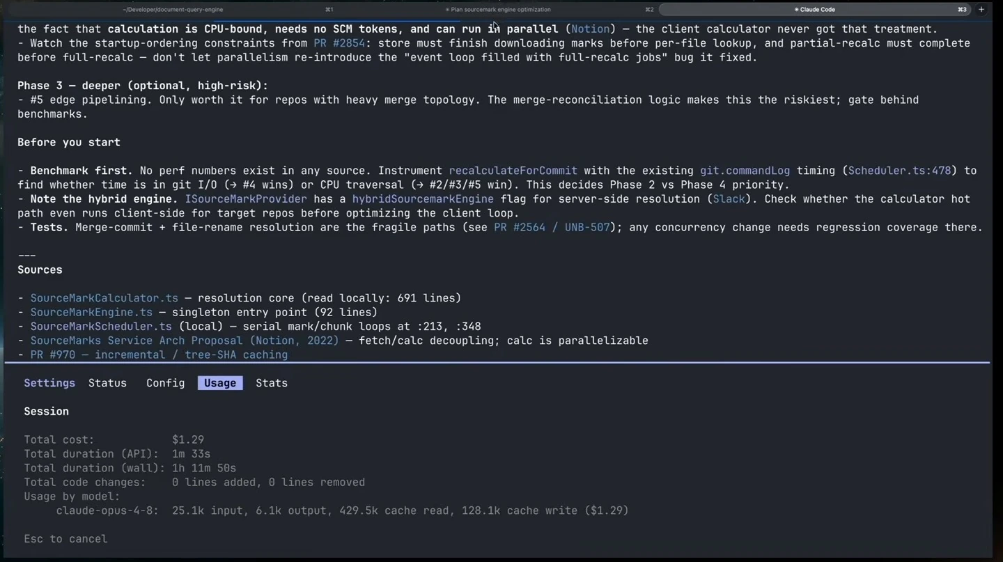 A terminal shows the optimization plan above a session usage panel.
