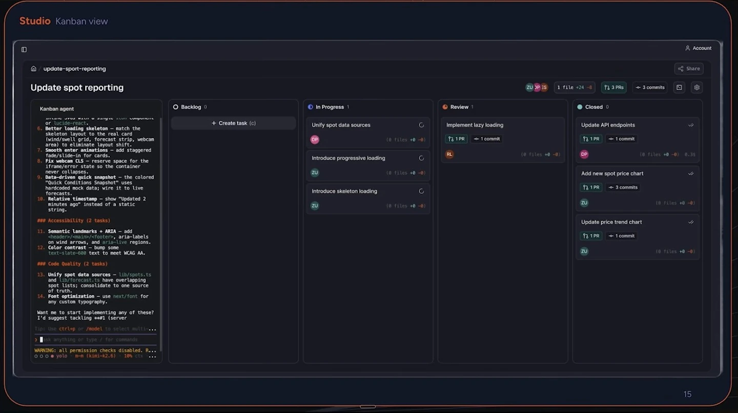 Kimchi Studio board with an agent pane and backlog, in-progress, review, and closed columns.
