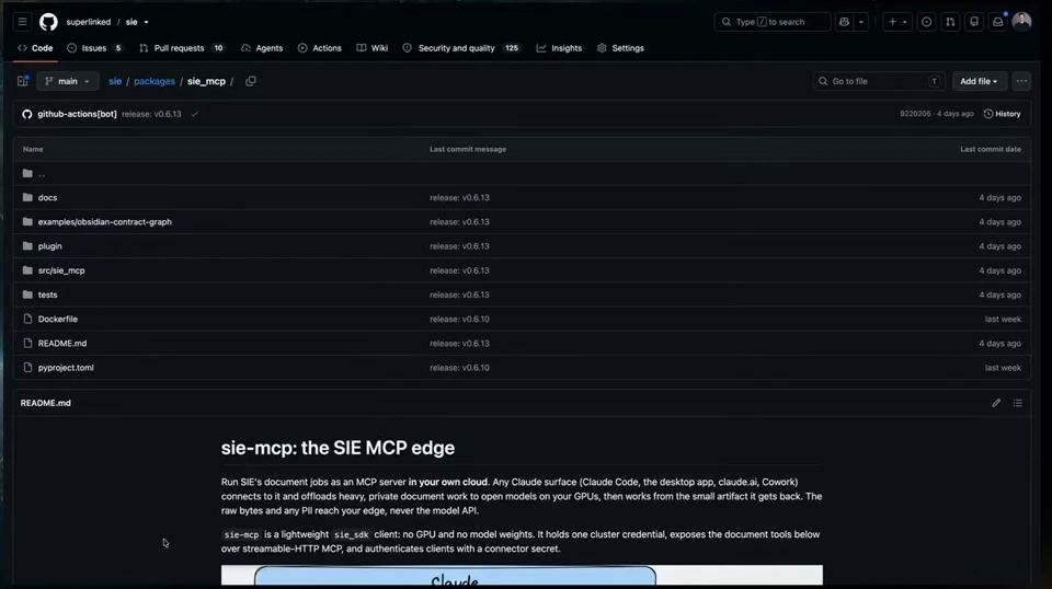 GitHub package directory with the SIE MCP edge README introduction.