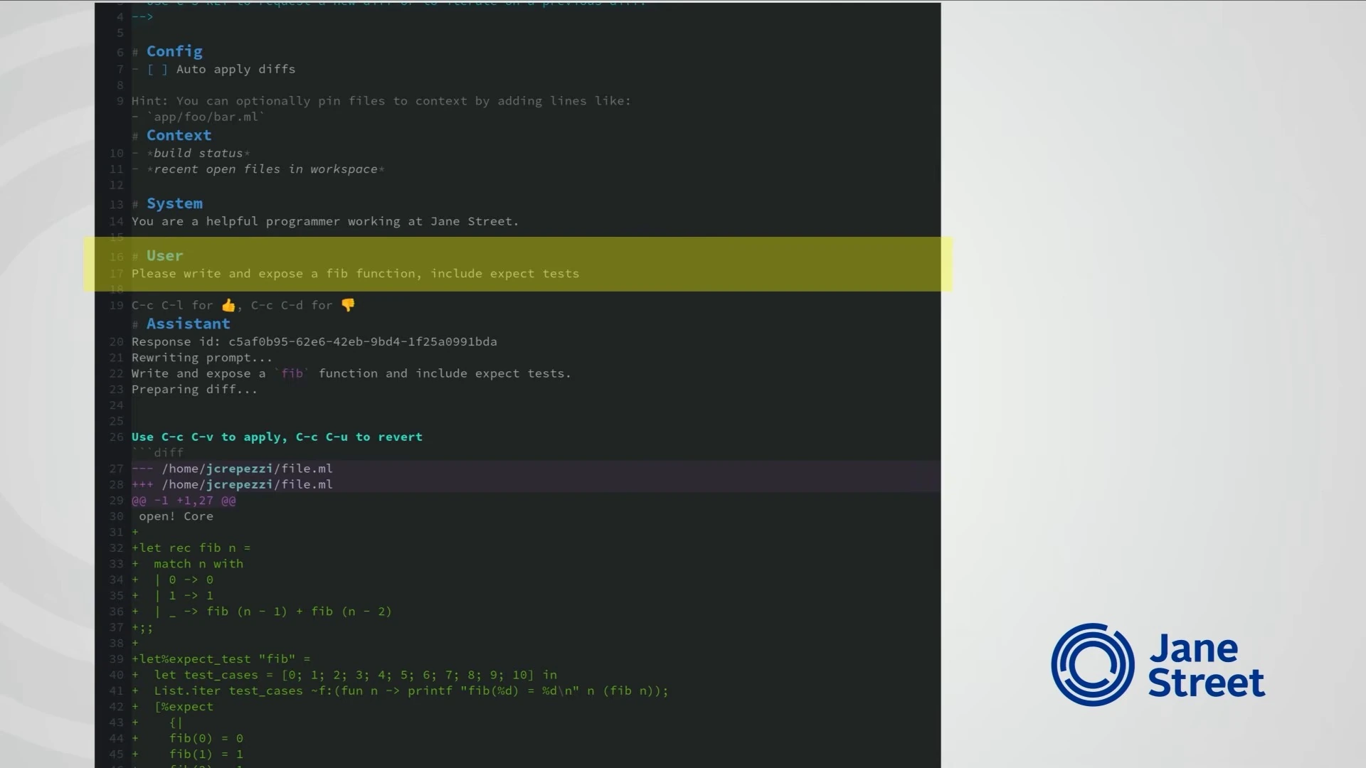 An Emacs buffer shows an AIDE request and a proposed Fibonacci code diff.