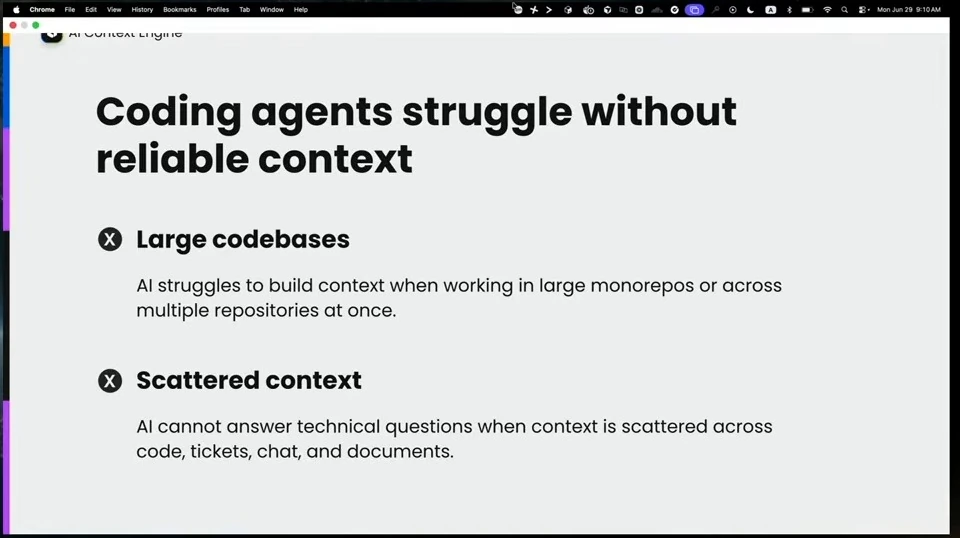 Slide identifies large codebases and scattered context as challenges for coding agents.