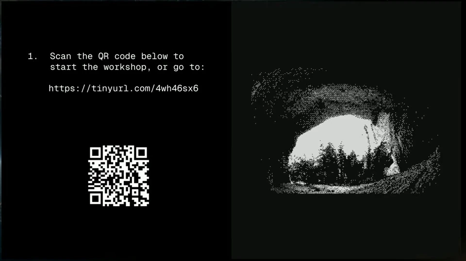 Workshop access instructions with a QR code and short link, alongside a cave illustration.
