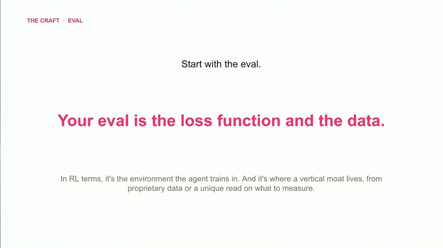 Slide compares an eval to a model's loss function and data, or to an agent's training environment.