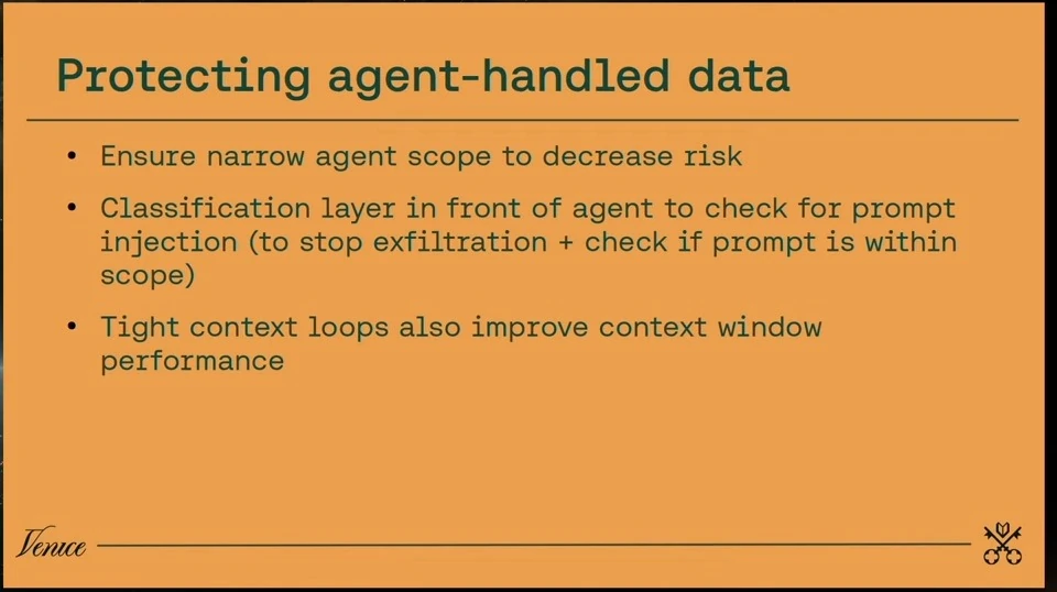 Slide recommending narrow agent scope, prompt injection checks and tight context loops.