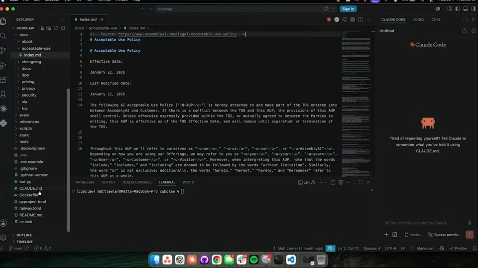 VS Code displays the opening of an acceptable use policy stored as Markdown.