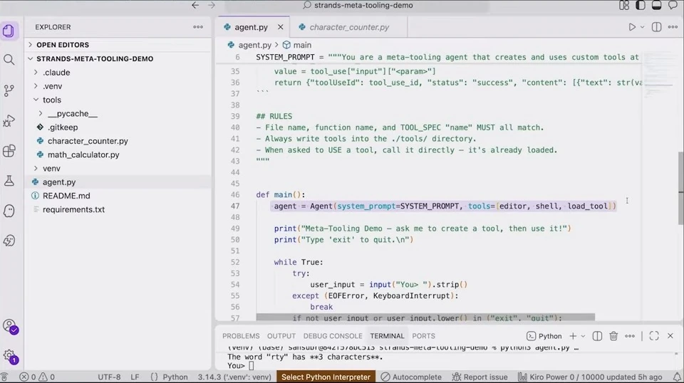 Code editor highlights agent initialization and shows part of an interactive input loop.