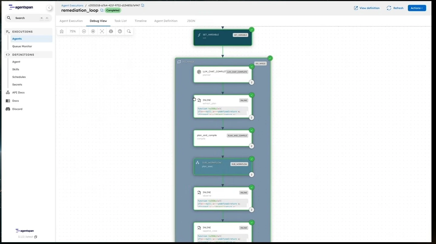Debug view showing a loop containing planning, compilation, a subworkflow, and observation steps.
