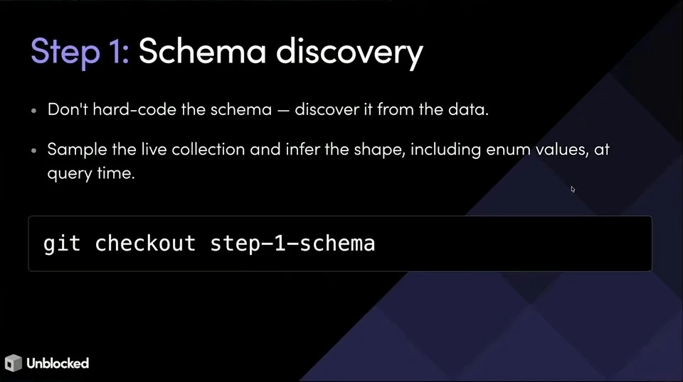 Schema discovery samples a live collection to infer its structure and enum values.