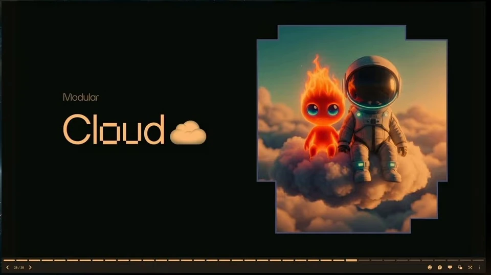 Modular Cloud title beside an astronaut and a flame character on a cloud.