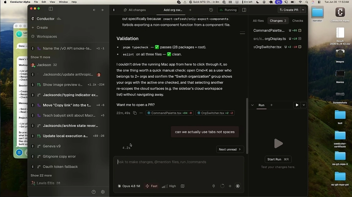 A submitted message asks to use tabs instead of spaces in a shared workspace.