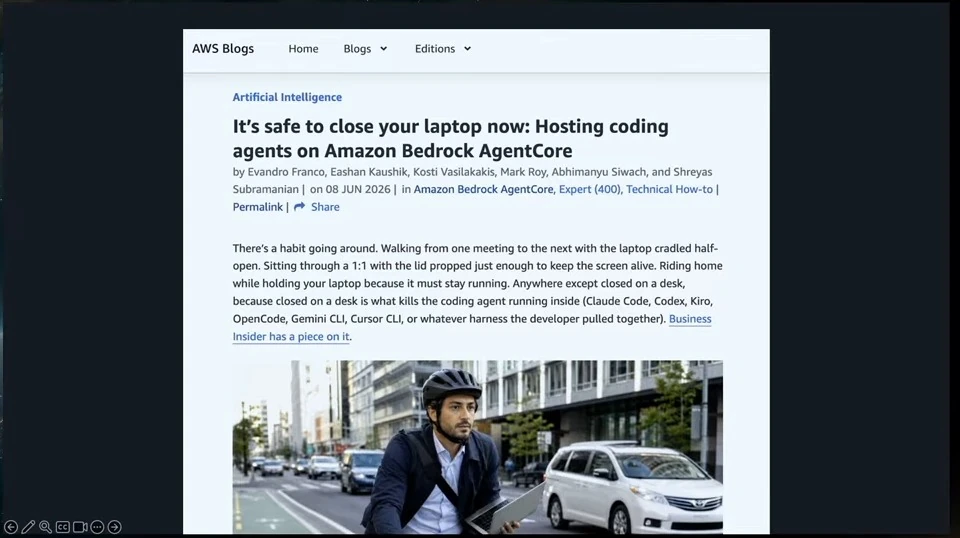 Screenshot of an AWS blog article about hosting coding agents on Amazon Bedrock AgentCore.