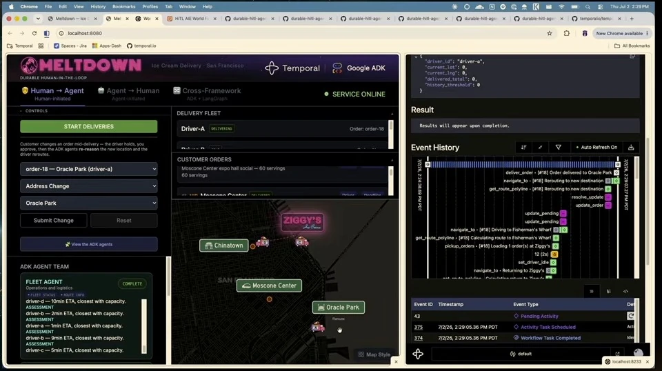 Delivery dashboard and workflow history showing the order delivered to its changed destination.