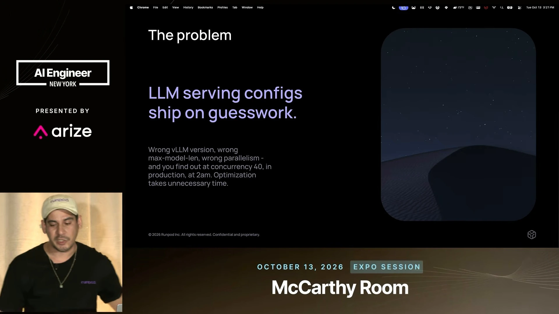 Slide describing incorrect vLLM versions, context lengths and parallelism as production risks, alongside a nighttime desert image.