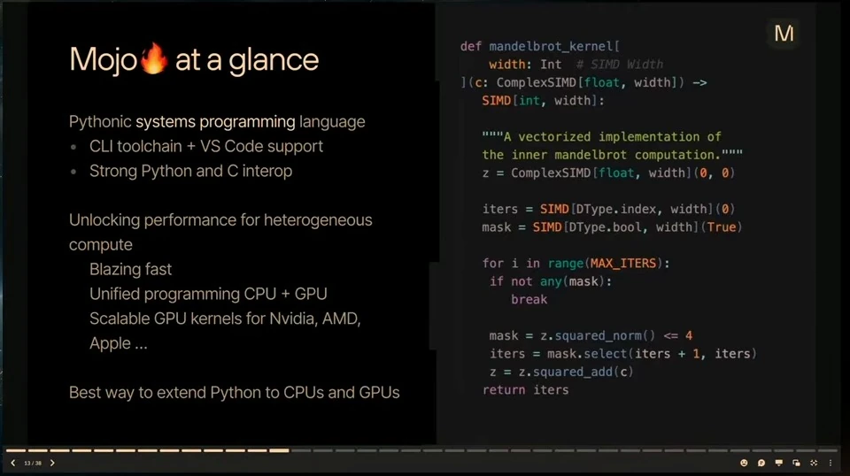 Mojo features and a Mandelbrot kernel code example.