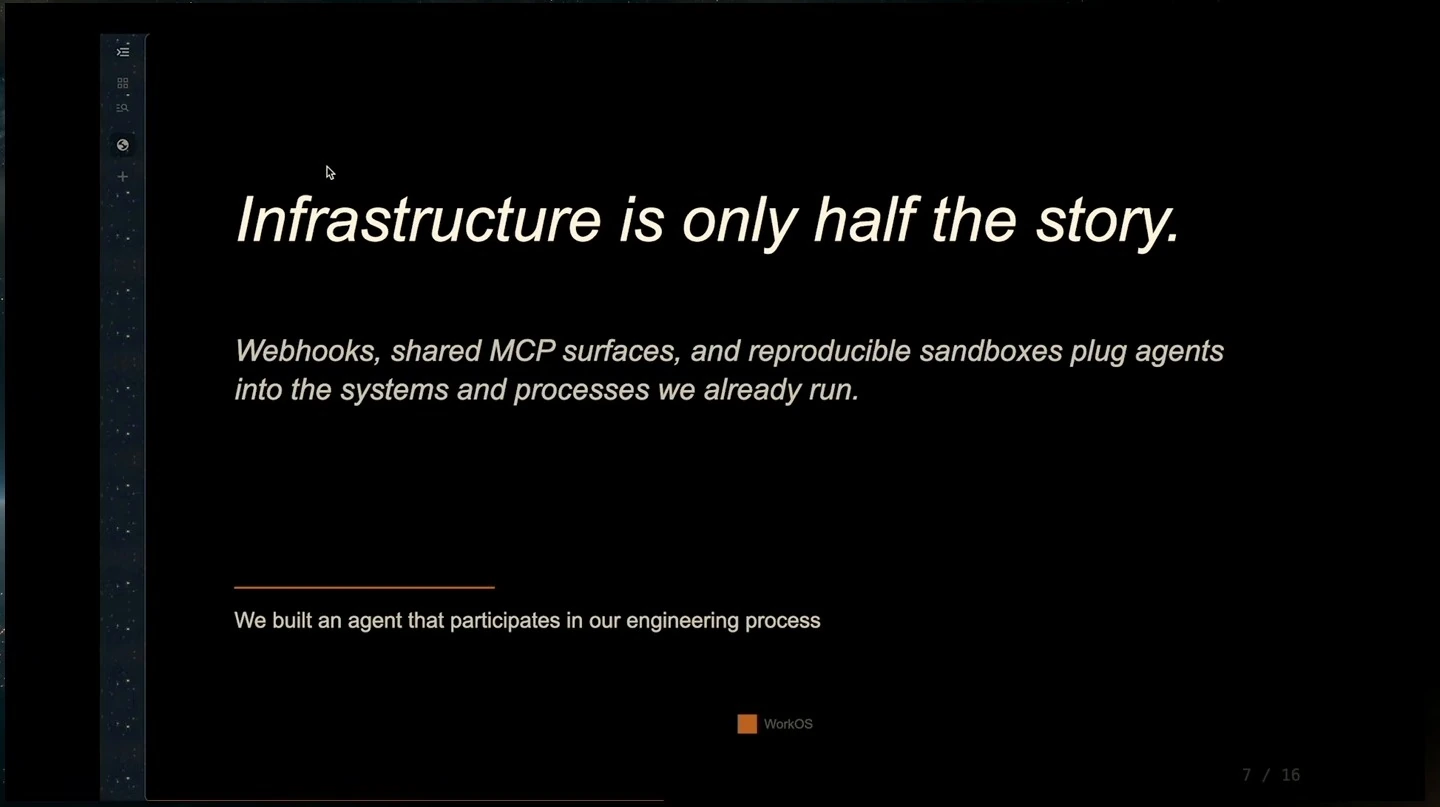 Slide explaining how webhooks, shared MCP surfaces, and sandboxes connect agents to existing processes.