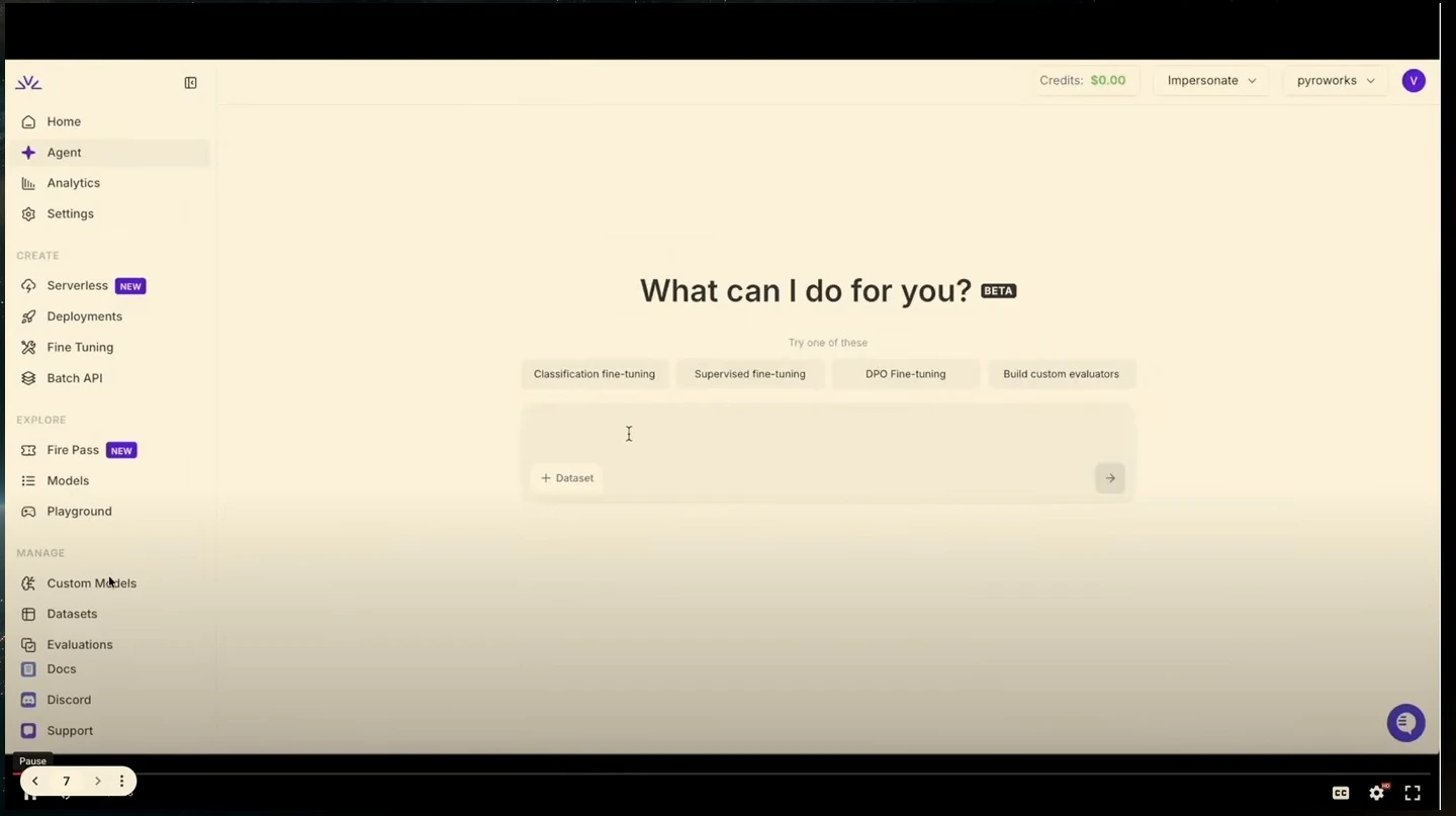 Training agent interface with suggested fine-tuning tasks and an empty prompt.