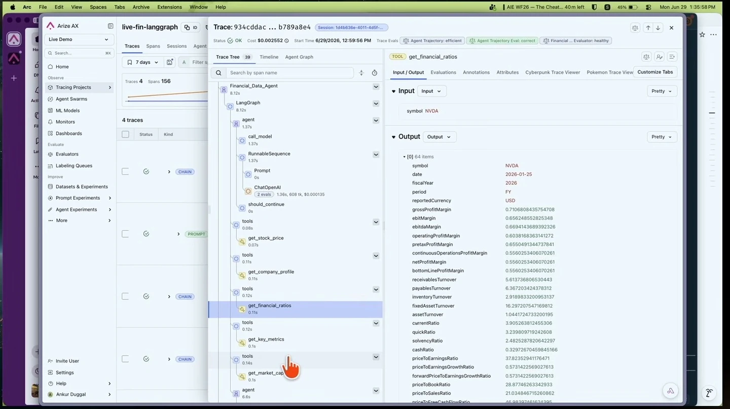 Trace view showing a selected financial-ratios tool and its output fields.