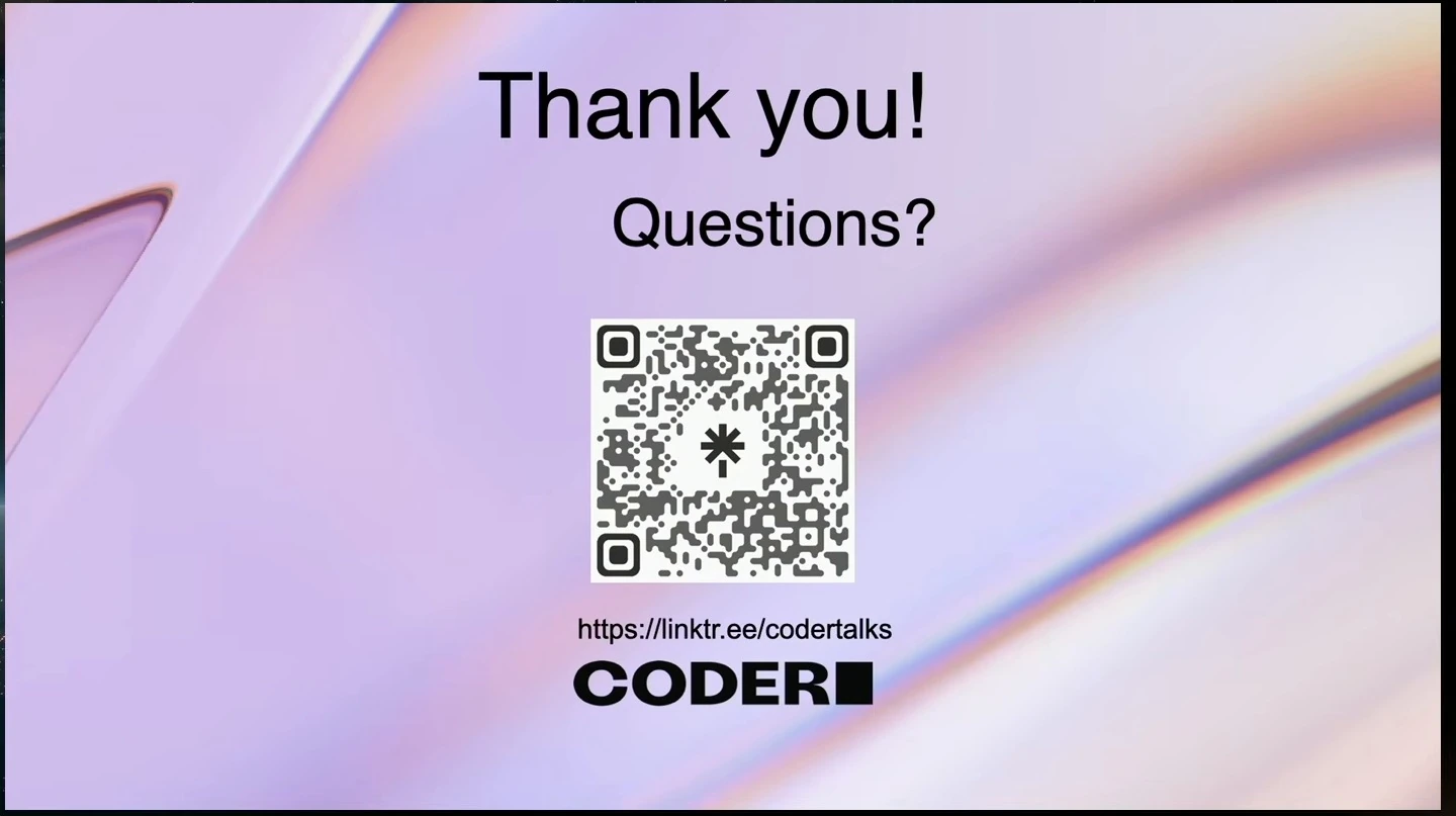 Closing slide inviting questions, with a QR code and Coder branding.