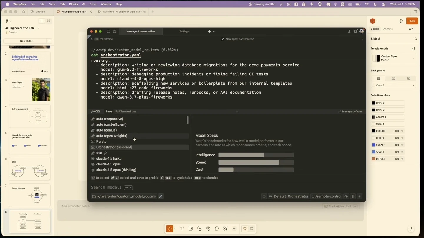 A model selection menu shows a custom orchestrator selected alongside automatic model options.