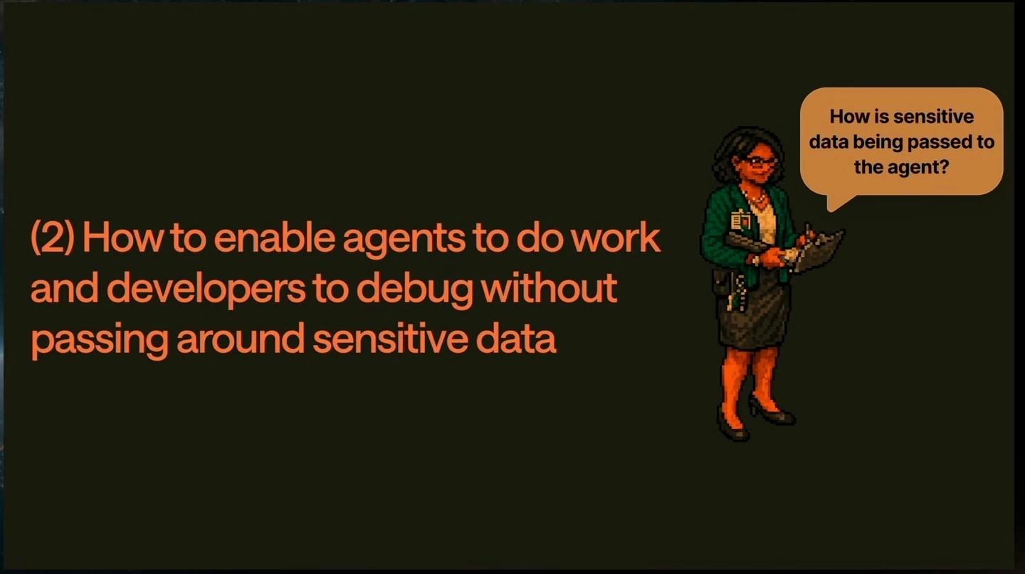 Section title discusses enabling agents and debugging without passing around sensitive data, beside a character asking how data reaches the agent.