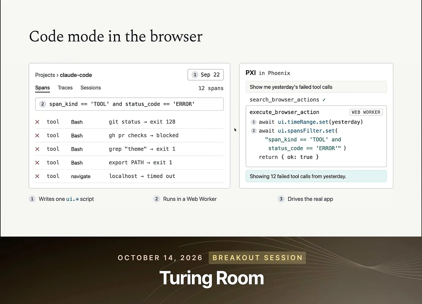 A browser tracing interface beside a generated script that changes the time range and filters failed tool calls, with a completion message and three workflow captions.