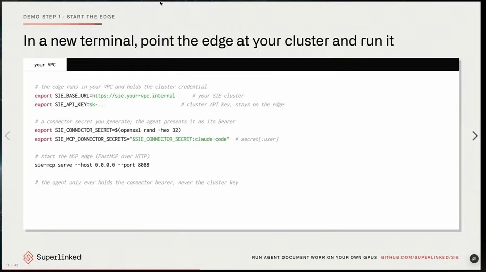 Terminal example configuring and starting the MCP edge for a cluster.