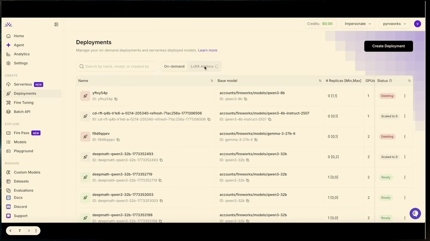 Deployment list showing models, replica counts, GPU counts, and statuses.