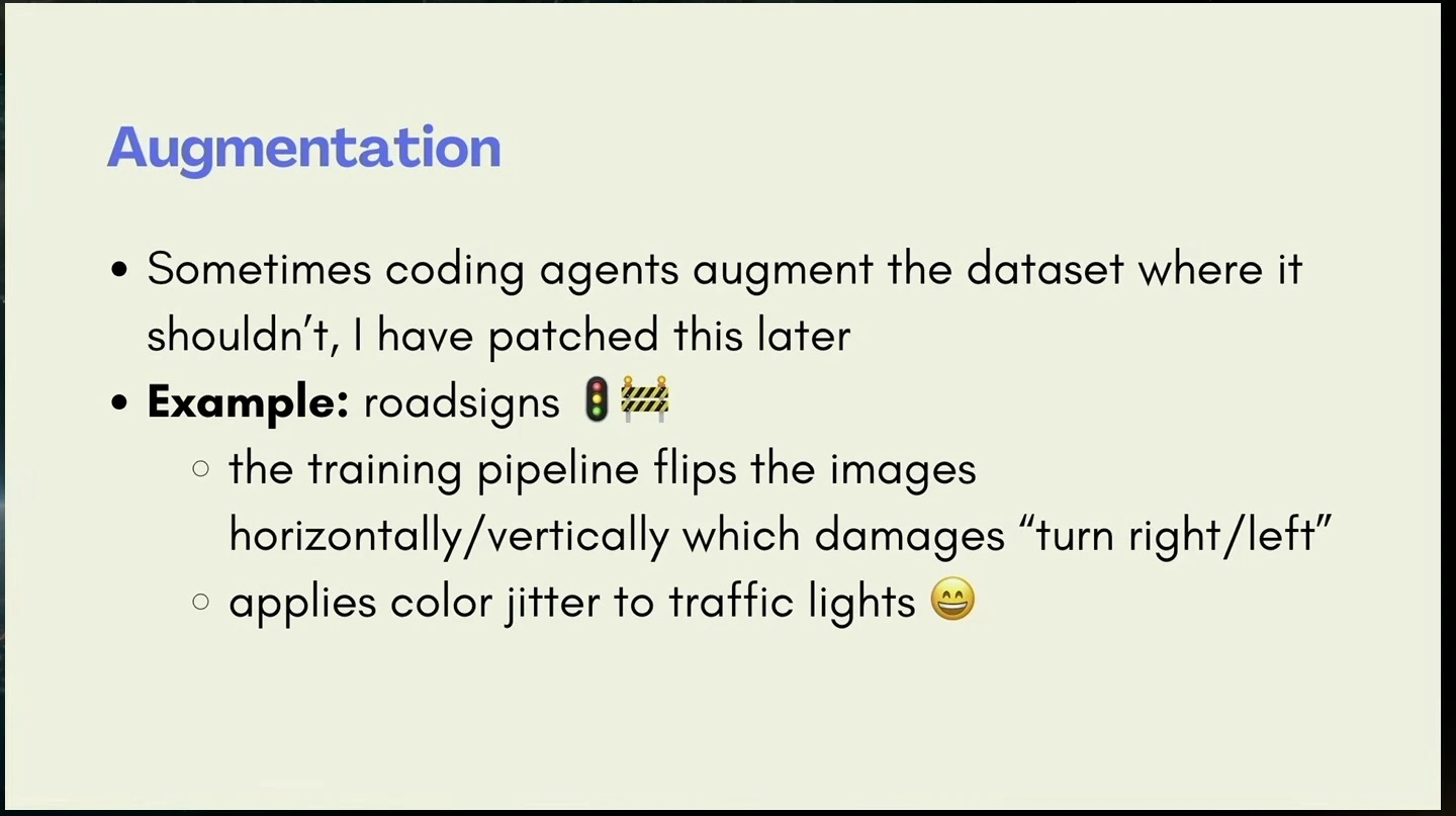 A slide warns that flipping road-sign images and applying color jitter to traffic lights can damage training data.