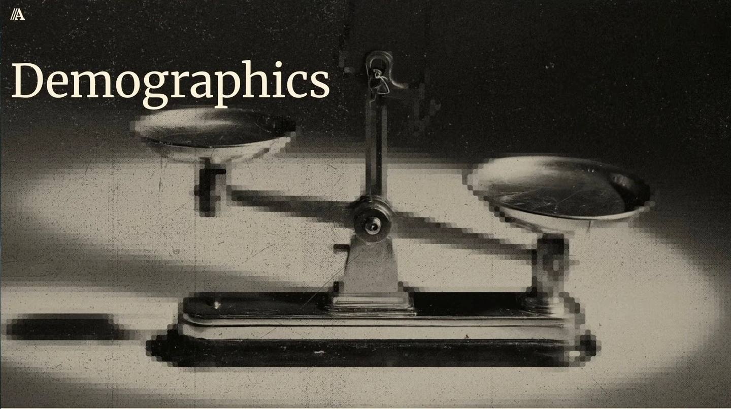 Demographics section title over an image of a balance scale.