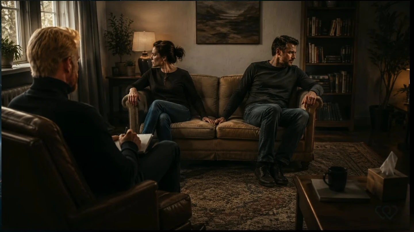 A couple sits apart on a couch while a counselor takes notes.