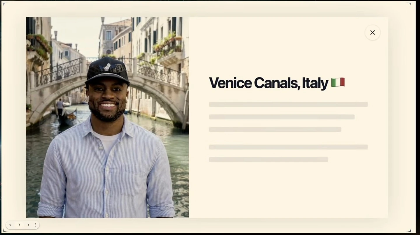 Demo card showing a smiling person beside a Venice canal and bridge, with the heading Venice Canals, Italy and gray placeholder lines.