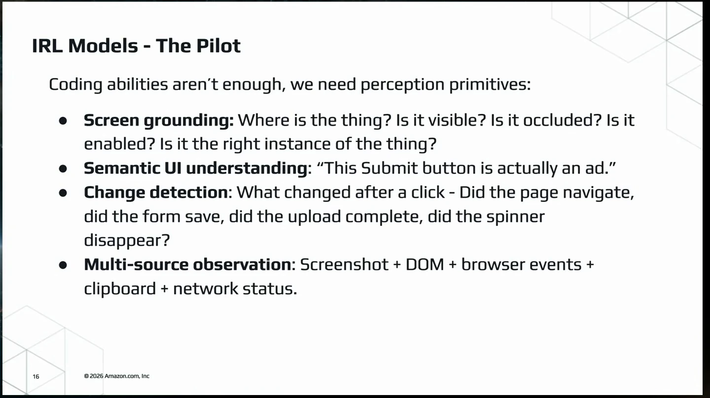 The slide describes screen grounding, semantic interface understanding, change detection and observation from multiple sources.