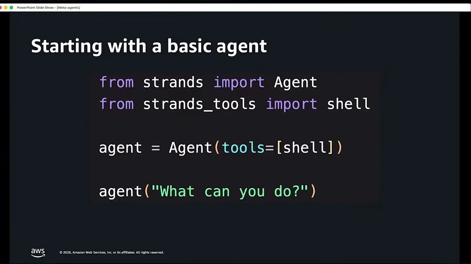 Python example creates a Strands agent with a shell tool and asks what it can do.