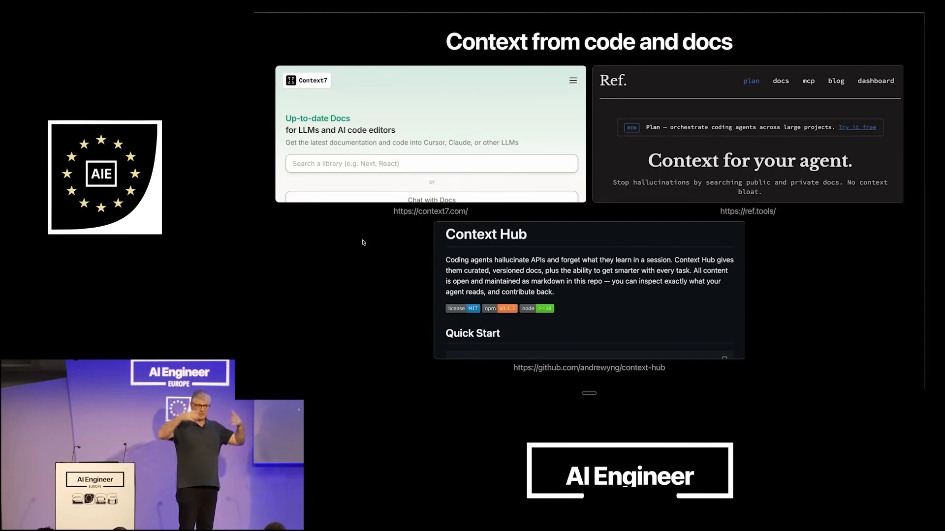 Screenshots of Context7, Ref, and Context Hub illustrate sources of documentation for agents.