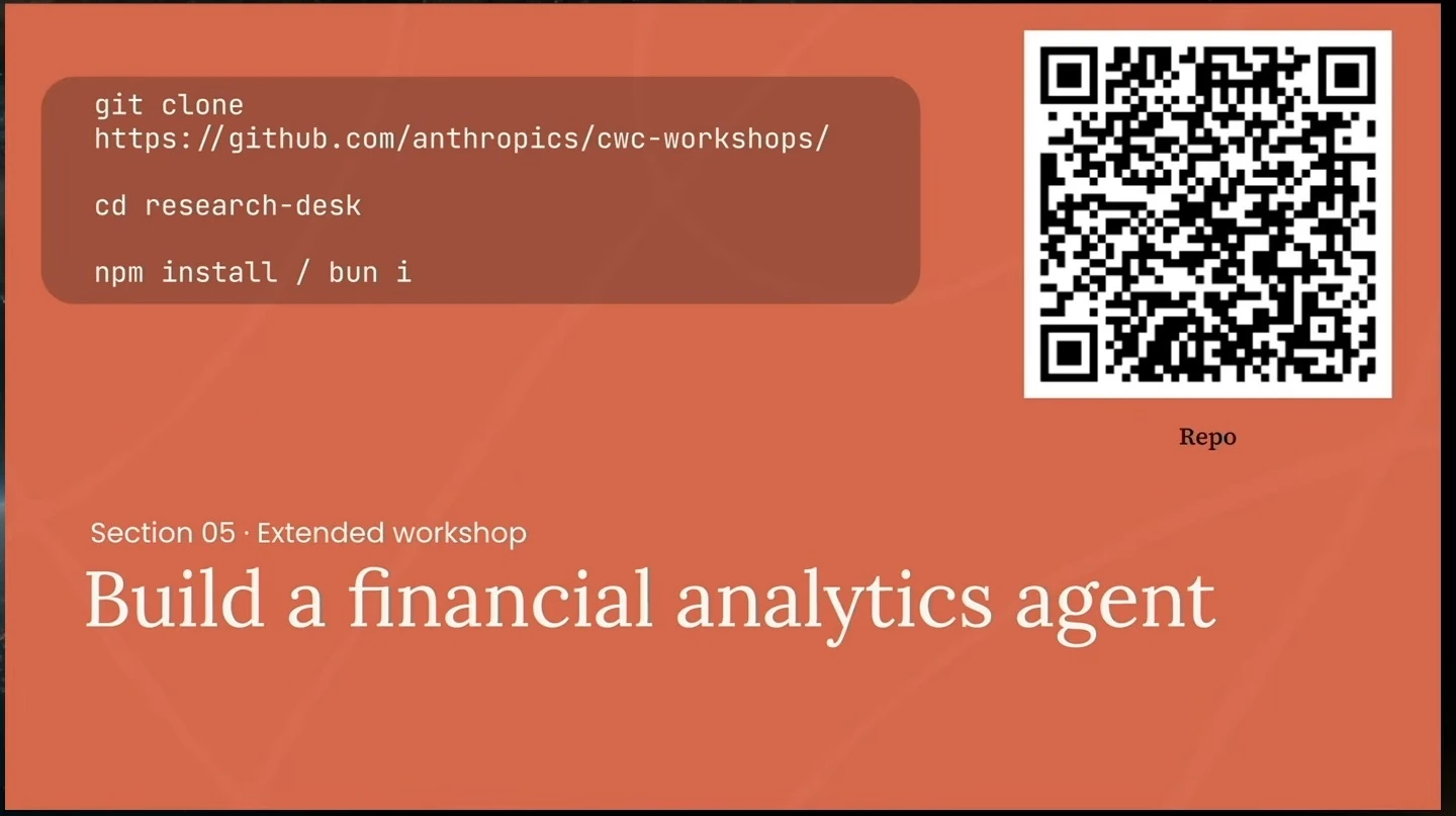 Workshop slide with repository setup commands and a QR code.