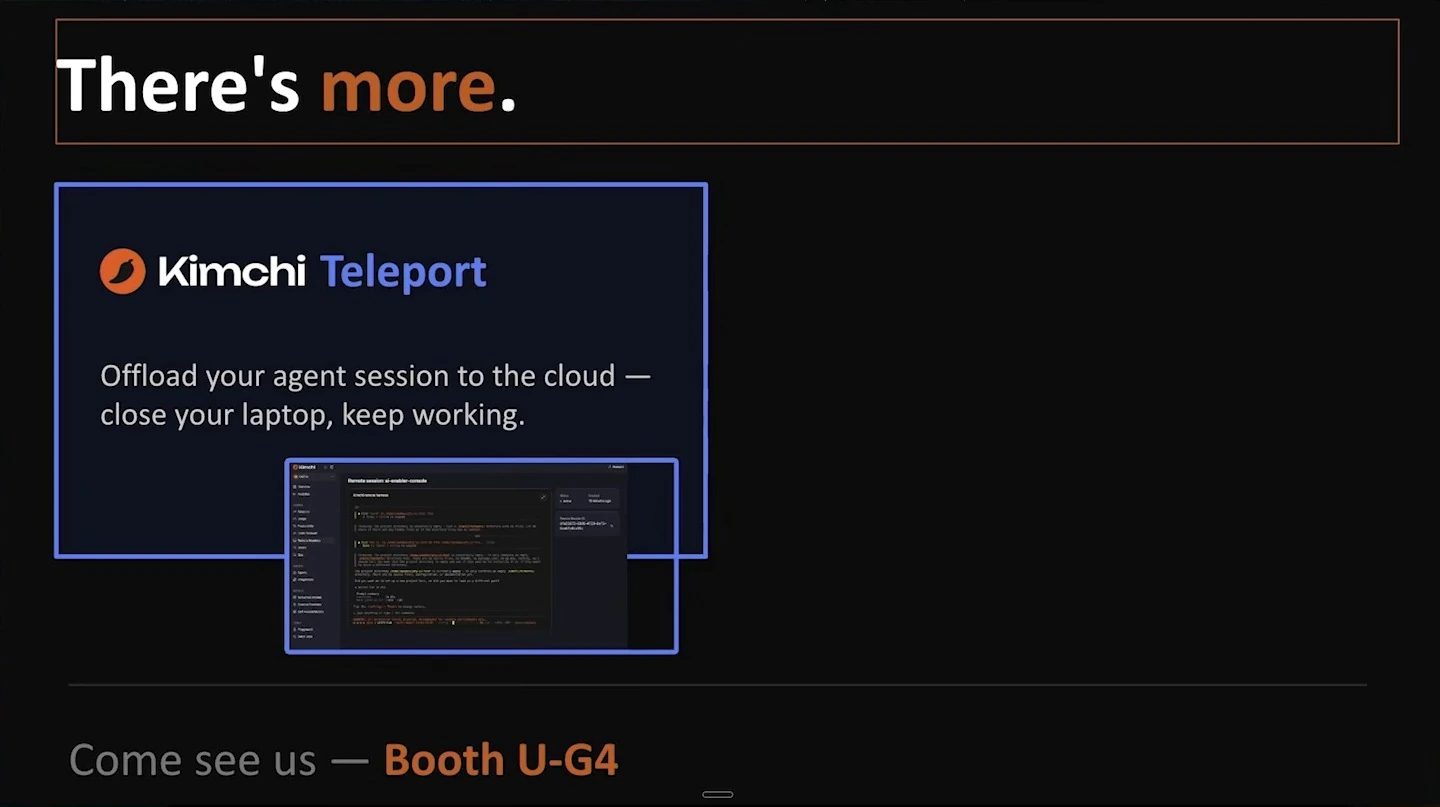 Slide introduces Kimchi Teleport for running agent sessions in the cloud and shows a small interface screenshot.