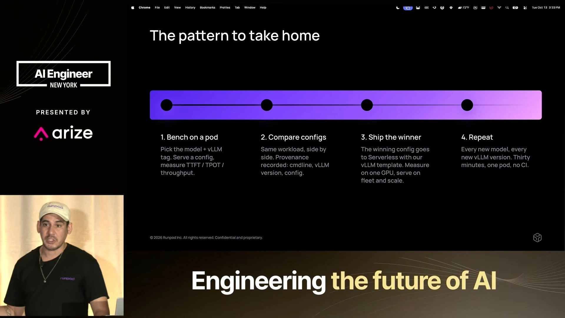 Four-step workflow: benchmark on a pod, compare configurations, ship the winner to Serverless, and repeat for new models and vLLM versions.