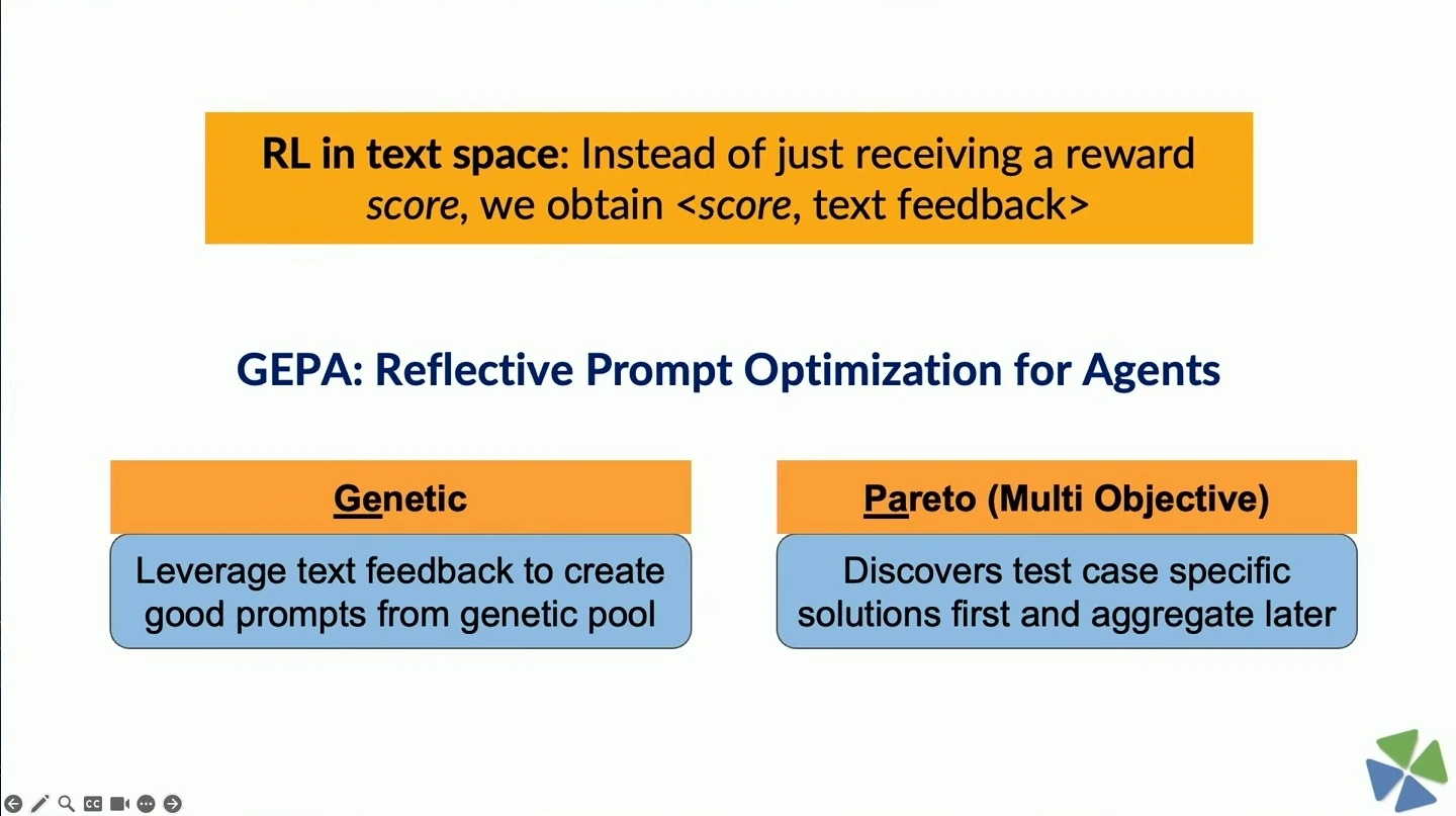 GEPA combines textual feedback with genetic prompt generation and Pareto-based selection.