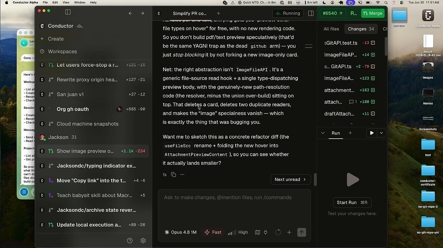An open workspace shows a discussion and a list of changed files.