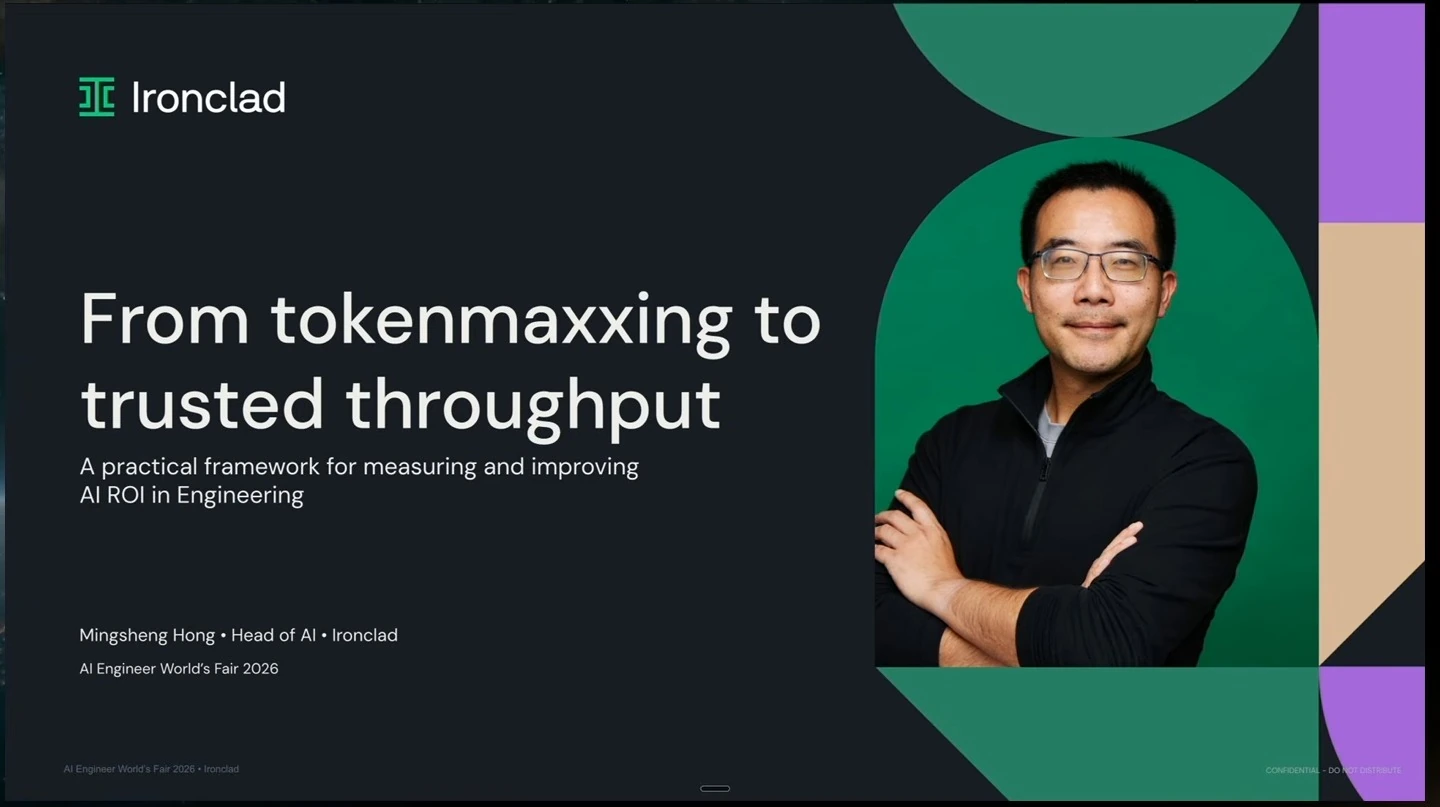 Title slide for a talk on measuring and improving AI ROI in engineering, with a portrait of Mingsheng Hong.