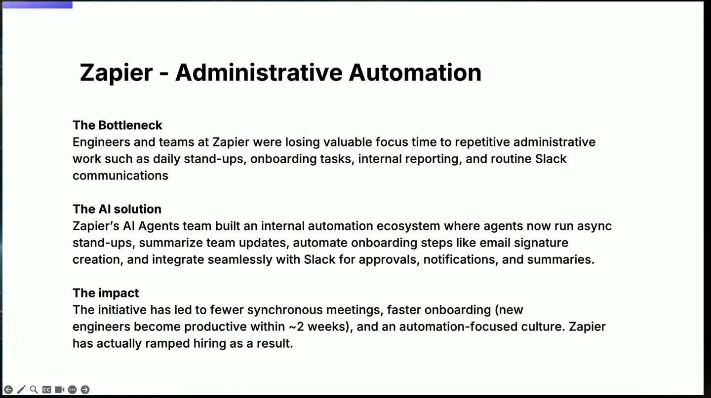 Case study describing agents for stand-ups, onboarding, and team communications, with claimed reductions in meetings and onboarding time.
