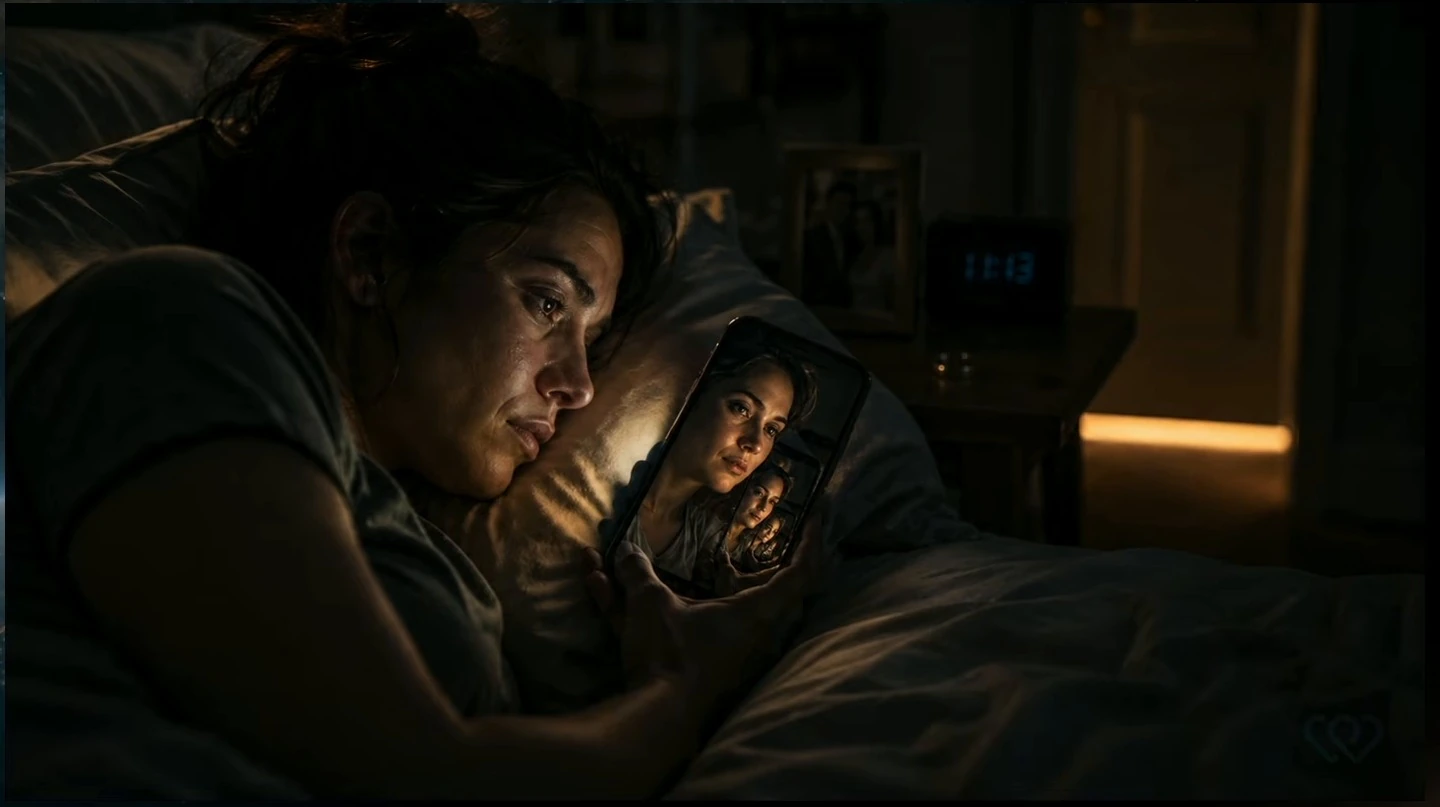 A woman lies awake looking at a phone that displays repeated images of her face.