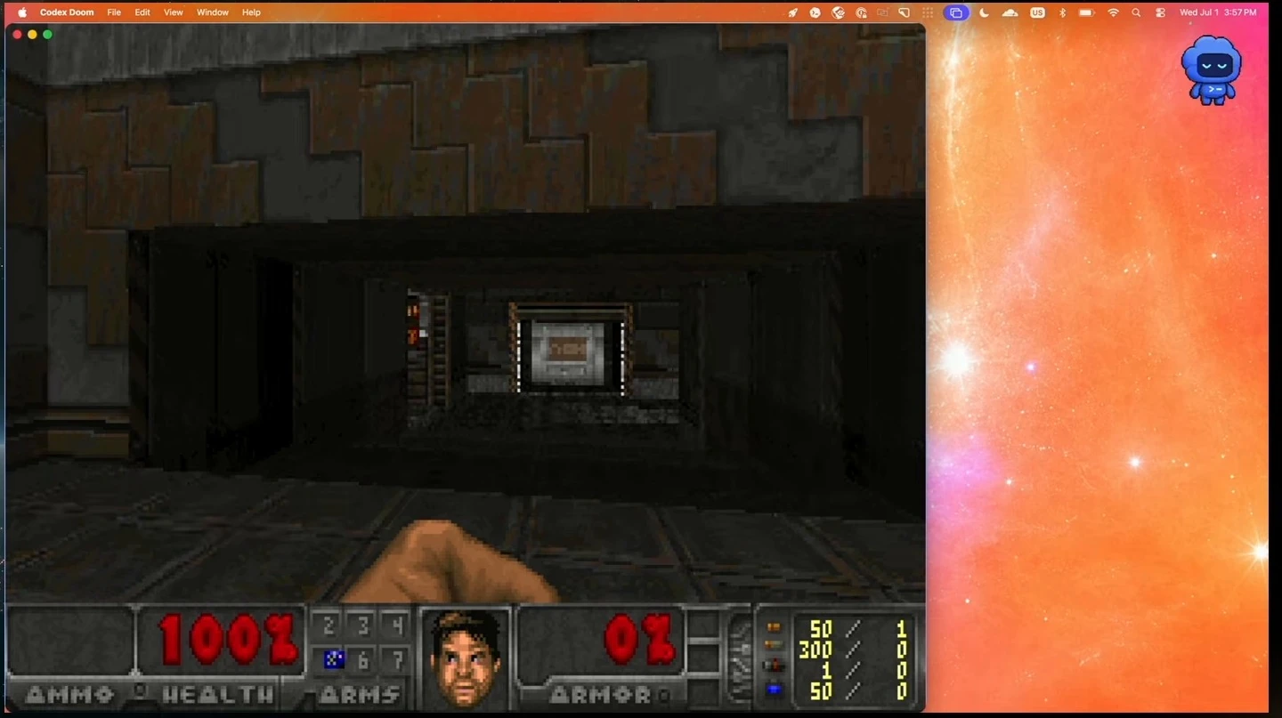 A Doom game window shows a dark corridor and the player's status display.