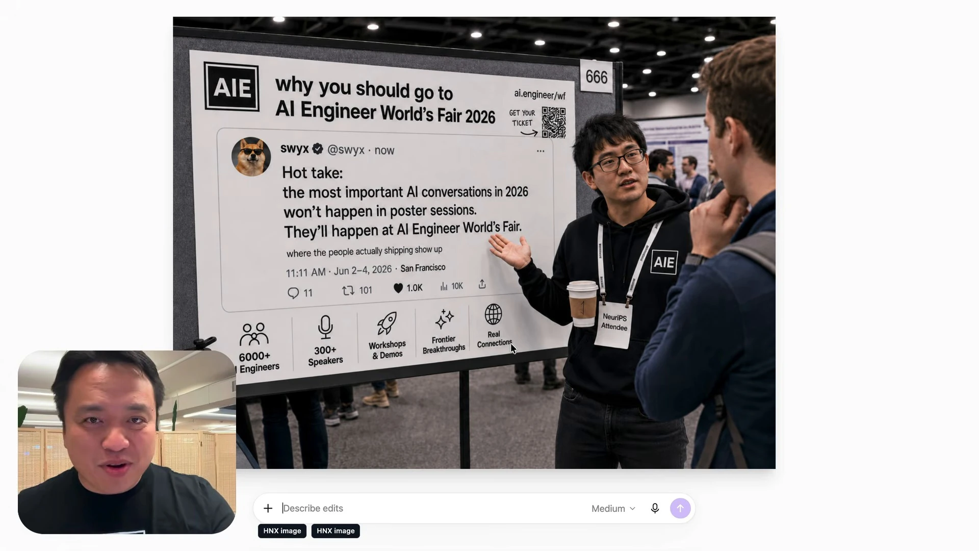Generated conference poster showing a mock social post beside attendees.
