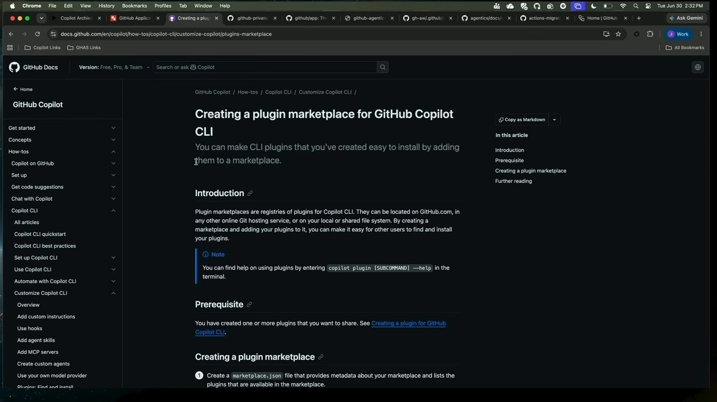 GitHub documentation describes creating a plugin marketplace for Copilot CLI.