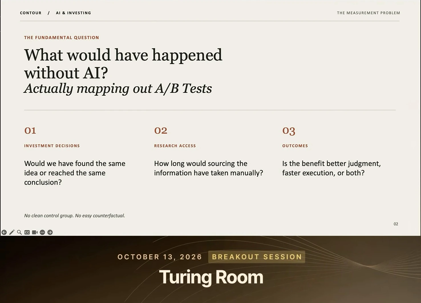 Slide on A/B testing AI's effects on investment decisions, research access and outcomes, noting the difficulty of establishing a counterfactual.