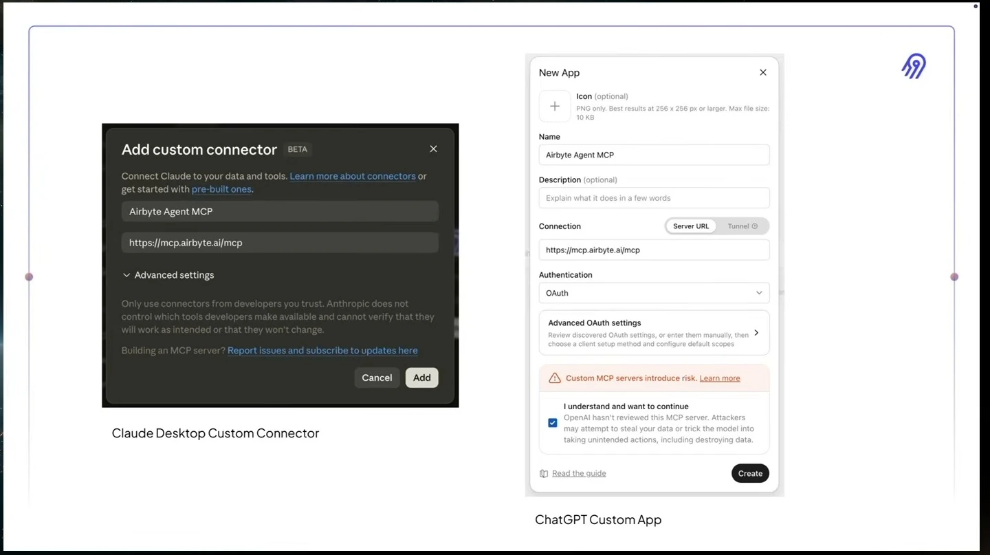 Claude custom connector and ChatGPT custom app setup forms side by side.