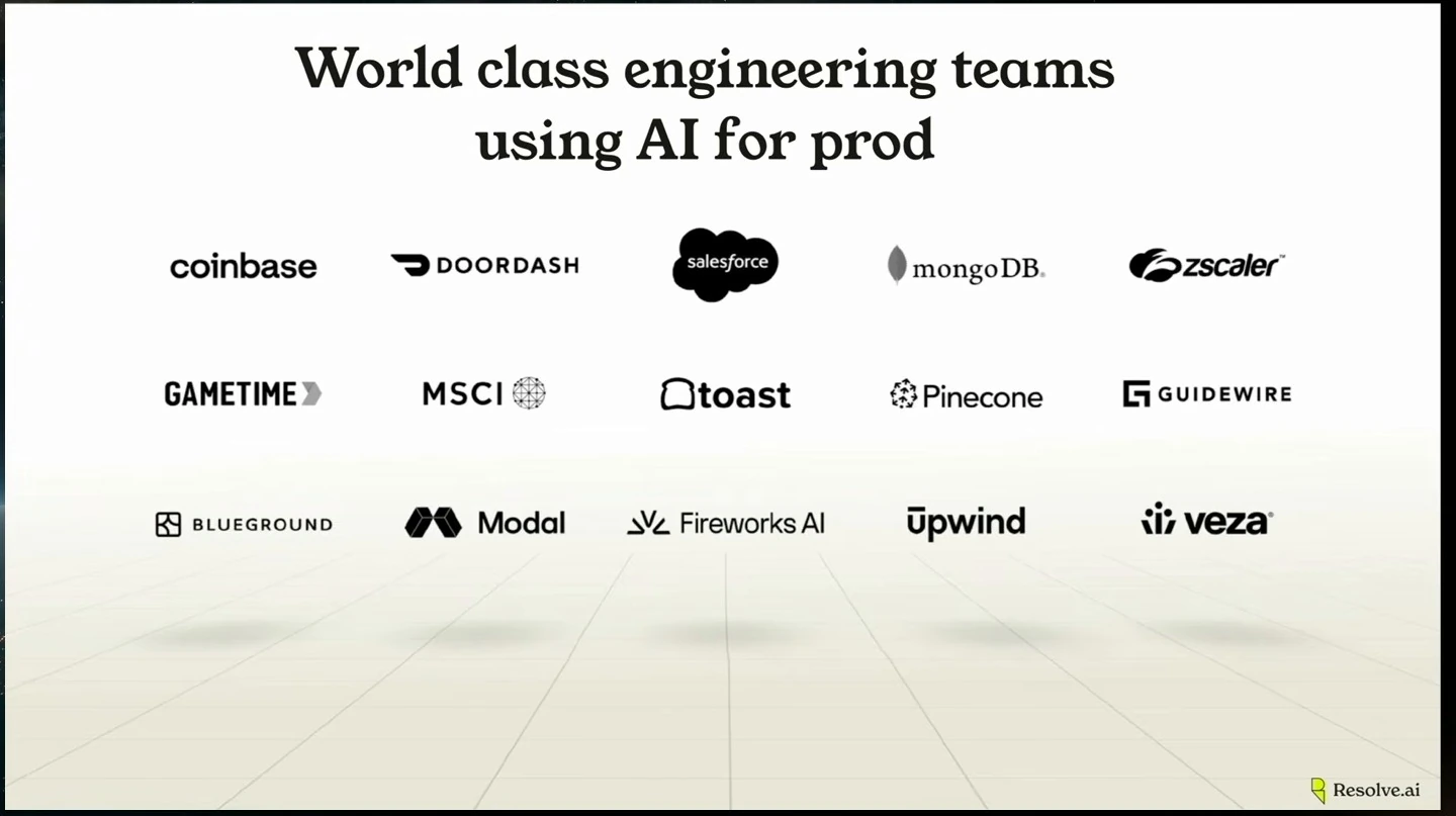 Resolve.ai slide showing a grid of customer logos beneath the heading “World class engineering teams using AI for prod.”