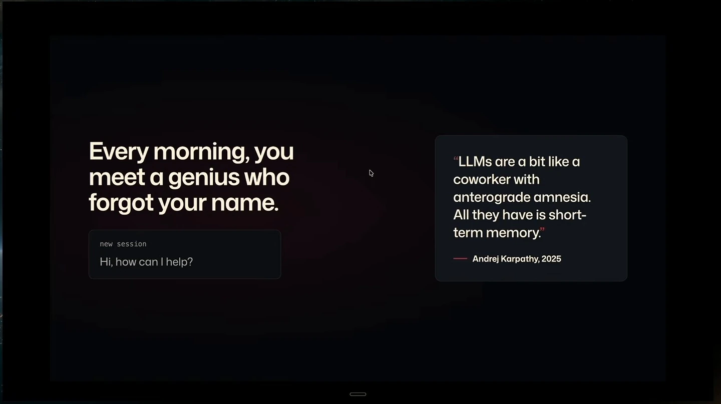 A new-session greeting accompanies a quote comparing LLMs to a coworker with anterograde amnesia.