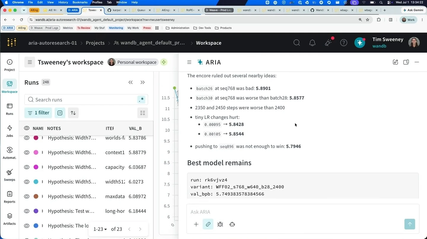 ARIA lists nearby experiment results and shows the current best model.